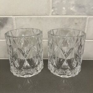 Set of 2 Geometric Glass Votive Tea Light Candle Holders CB2 Clear